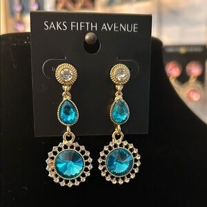 Saks Fifth Avenue White and Teal Crystal Earrings
